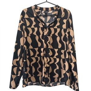 SHEIN Women's Abstract Print Button-Up Blouse Shirt, Black and Tan, Size Large